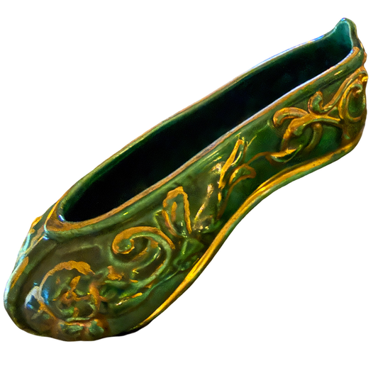 Vintage Emerald Green Porcelain Slipper with Gilt Floral Detail | One of One