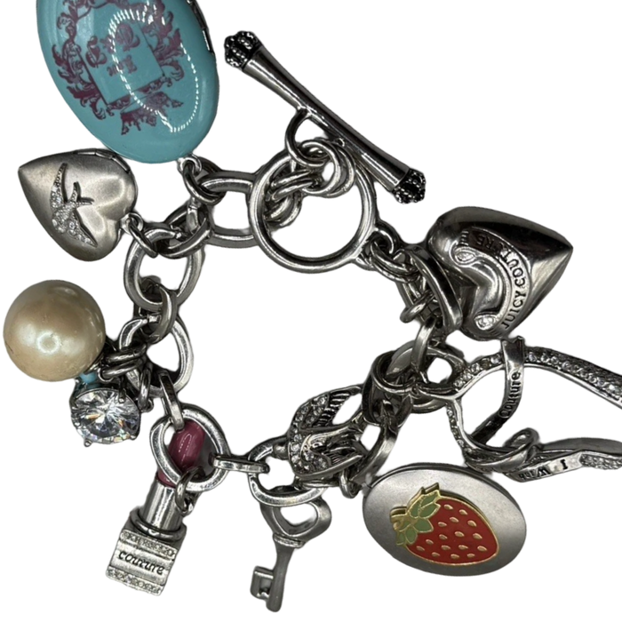 Vintage Juicy Couture silver-tone chunky charm bracelet with strawberry locket, horseshoe, pearl, heart, crystal and turquoise charms