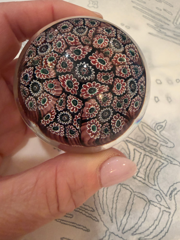 murano paperweight, millefiori paperweight, vintage murano glass, Italian art glass, burgundy glass decor, collectible glass paperweight, murano millefiori, vintage Italian decor, bookshelf decor, coffee table styling, collectible art glass, grandmillennial decor, maximalist home decor, vintage collectible, Italian glass collectible, decorative object, colorful home accessories, murano collectible, vintage home accents, art glass decor