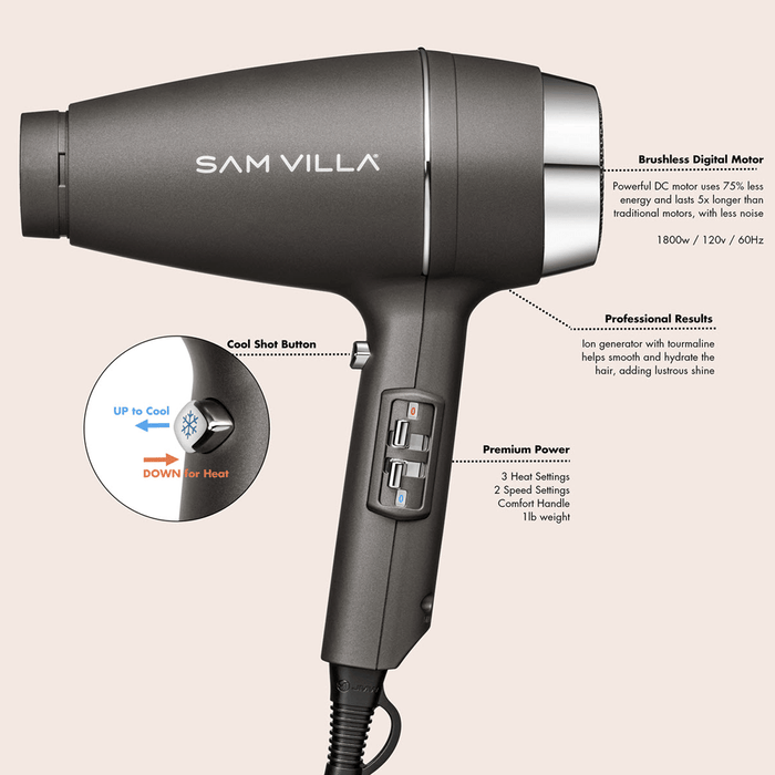 Sam Villa Vision Hair Dryer – Lightweight Professional Blow Dryer with Brushless Digital Motor, Fast Drying, Quiet Operation, Ergonomic Design for Shiny, Healthy Hair